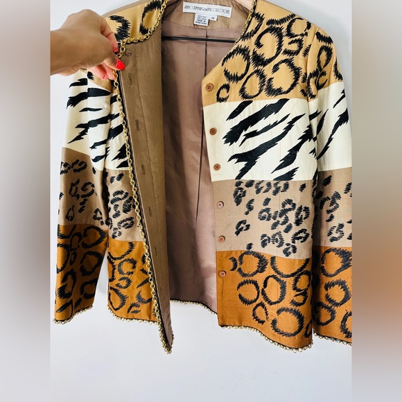 Vintage Silk Mix Animal Print Block Blazer With Gold Chain Detail Size 10 - Picture 7 of 8